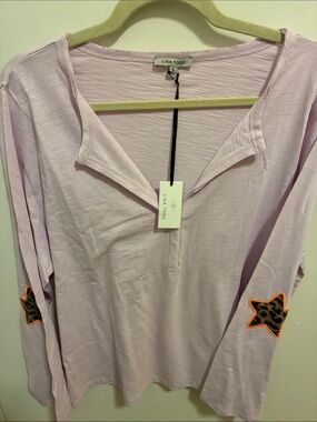 Lisa Todd Pale Pink Long Sleeve Top with Leopard Star Elbow Patches